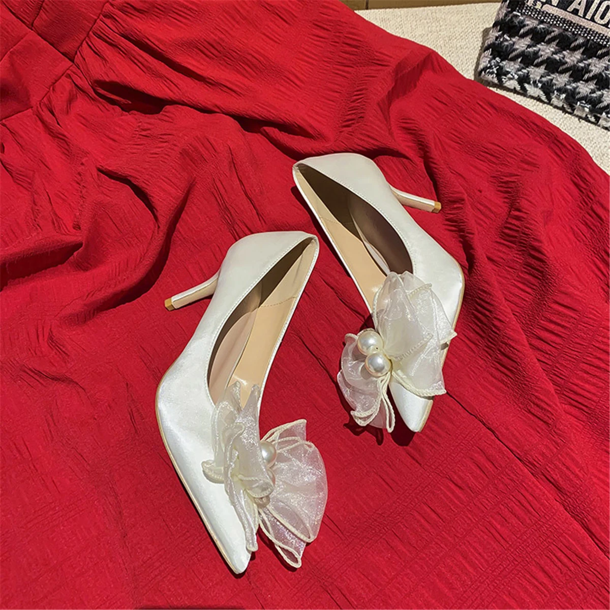 

kmeioo elegant pearl bride shoes woman shallow pointed toe high heels soild pumps slip-on wedding shoes bowtie stiletto