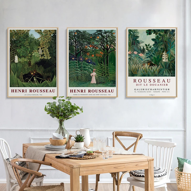 

Rousseau Exhibition Posters Green Jungle Forest Tropical Plant and Animal Retro Art Canvas Painting for Living Room Home Decor