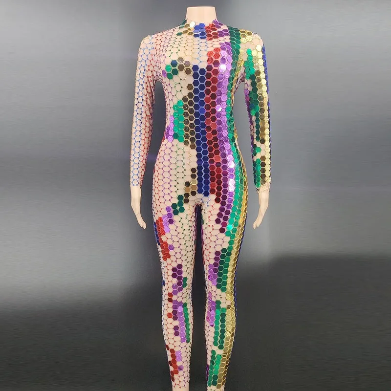 

Multi-color Mirror Rhinestone Transparent Jumpsuit Birthday Celebrate Prom Party Outfit Women Dancer Show Outfit