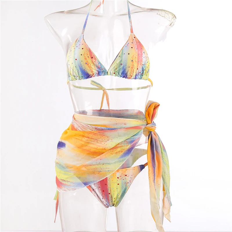 Купальник из 3 предметов в полоску с блестящими стразами | Женская одежда