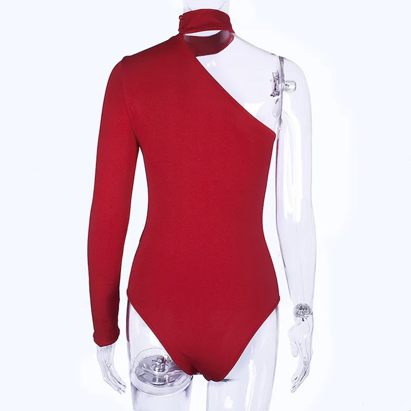 Cotton blend halter one-shoulder sexy bodysuit women new fashion winter spring solid bodycon casual body