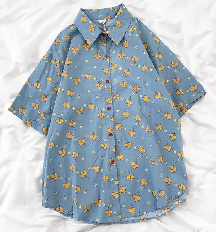 

Japanese funny printed turn-down collar loose casual short-sleeved shirt women