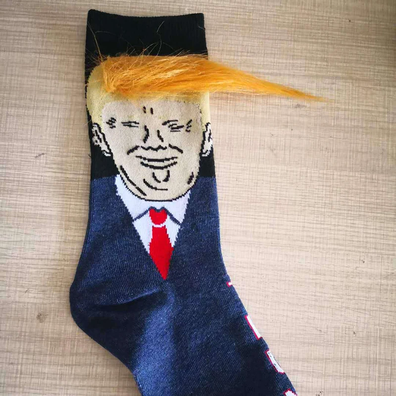 Election Spoof Funny President Donald Trump Socks With 3D Fake Hair Crew Socks Mens Compression Socks Streetwear Hip Hop Sox