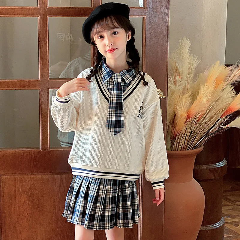 

9 10 12 14 Years Girls 2 Piece Clothing Sets Children Teens 2PCS Plaid Skirts And Shirts Outfits School Uniform Clothing Suits