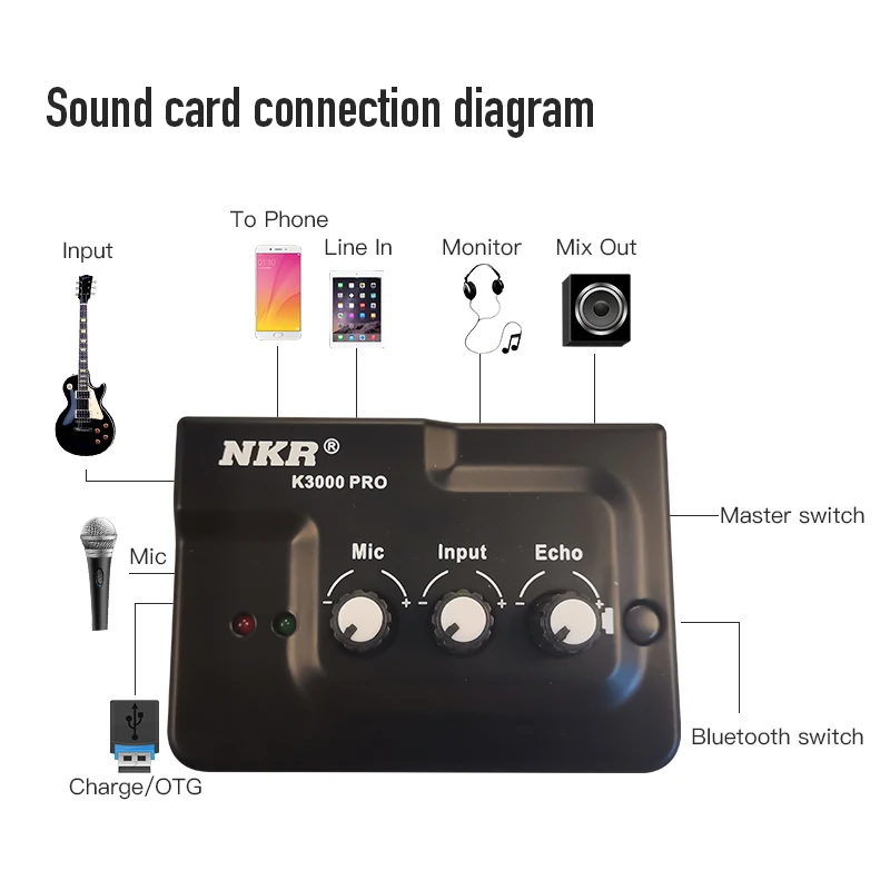 

Professional Live Broadcast Recording Sound Card Echo Audio Interface External Dual Inputs Plug and Play for Mic Phone Musicial