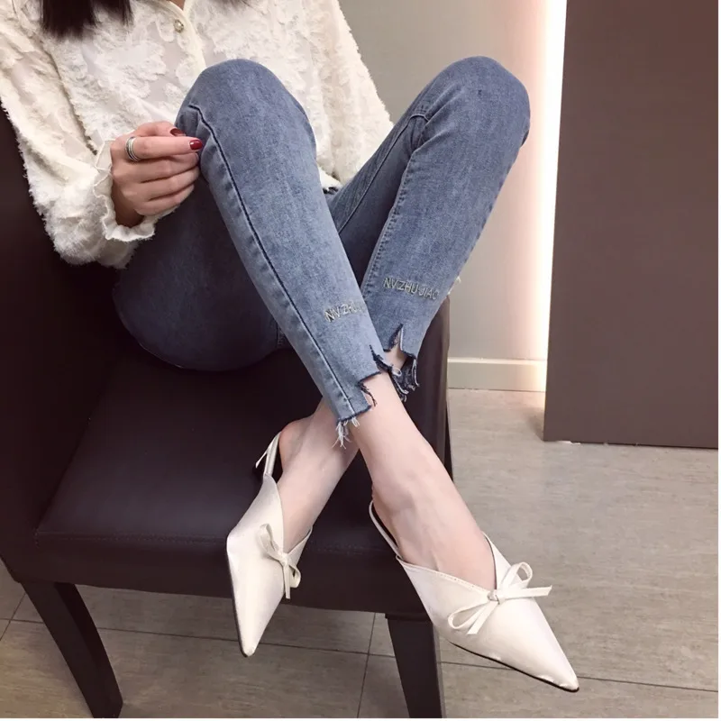 2020 Summer Women Mules Shoes Luxury Slides Sexy Pointed Toe Kitten Heels Slippers Red Shallow Silk Woman Butterfly-knot Slipper | Обувь