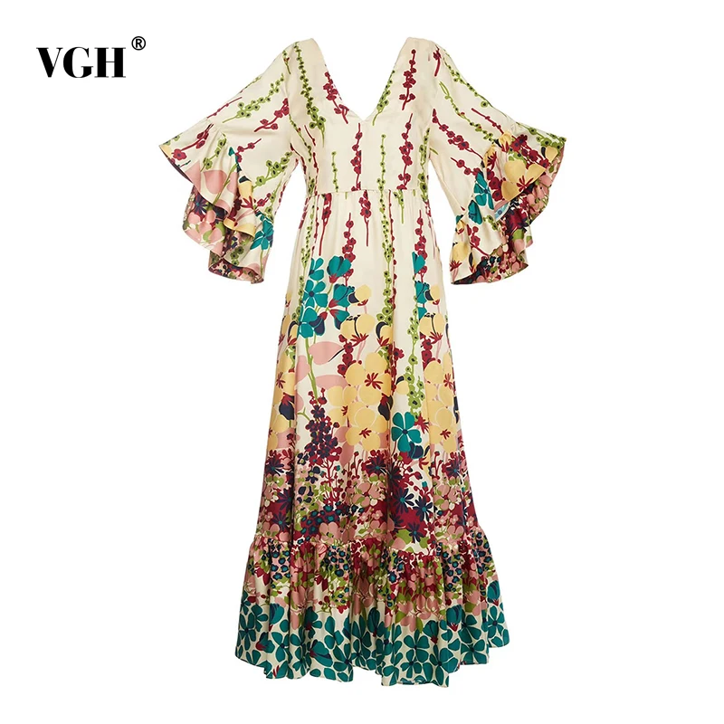 

VGH Chiffon Print Dress For Women V Neck Flare Short Sleeve High Waist Ruched Slim Casual Dresses Female 2021 Summer Fashion New