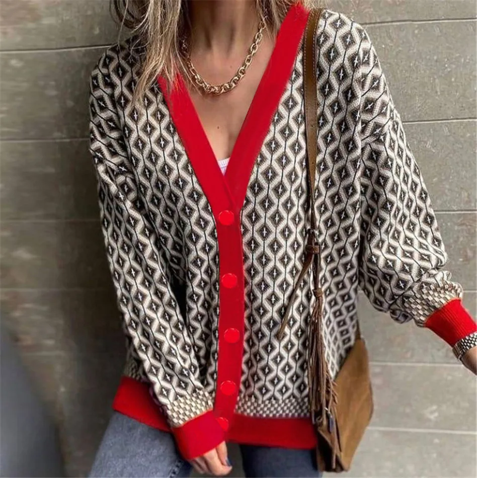 

95% Cotton V-Neck Open Stitch 6 Colors Geometric printing Women Sweater Top Single-Breasted Fashion Loose Cardigan for Women