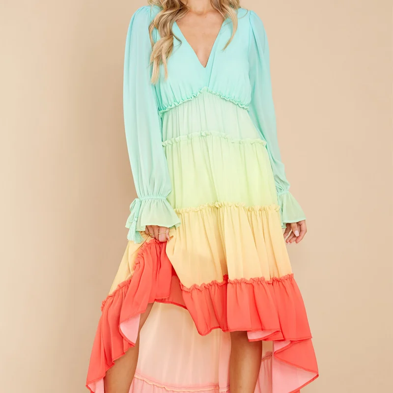 

Beach Dress Women 2021 Rainbow Color Bandage Sleeve Irregular Long dress Tail Wagging Fashion V-neck Spring Long Sleeved Dress
