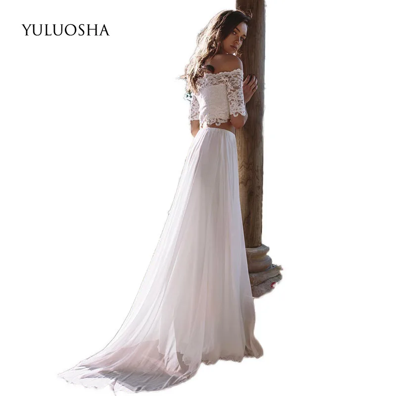 

Женское свадебное платье YULUOSHA, белое, цвета слоновой кости, кружевное, с открытыми плечами, а-силуэт, свадебное платье, официальная Одежда для танцев и вечеринок, недорого