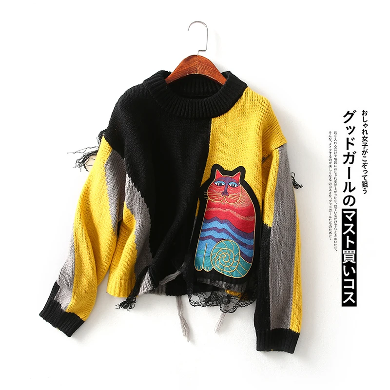 Джокер тренд котенок Кружева Сплит сустава хит цвет круглый шеи ленивый Ветер