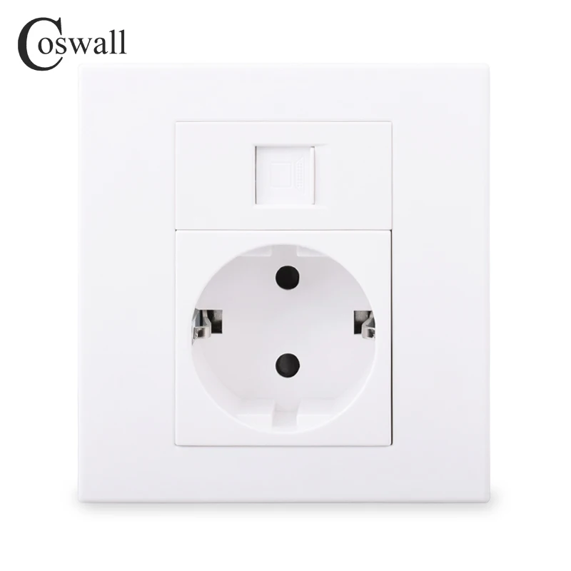 Coswall PC Panel EU Russia Spain Wall Socket + 1 Gang CAT6 RJ45 Internet Computer Data Connector White Color Modular 86*86mm