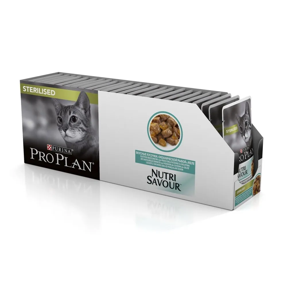 Pro Plan Nutrisavour Sterilised пауч для стерилизованных кошек и котов с океанической рыбой(кусочки в желе, 24*85 г