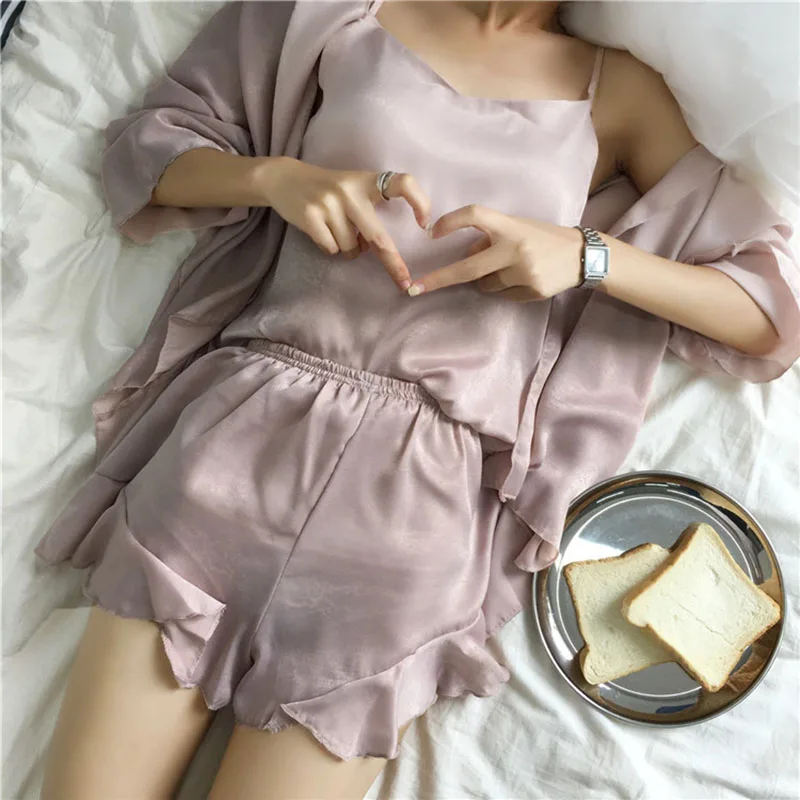 Sanderala Sexy Women 3 Pieces Pajamas Set Sleepwear Lingerie Ruffle Shorts Nightgown Sleeveless Nighty Sets Pants Pajama Women