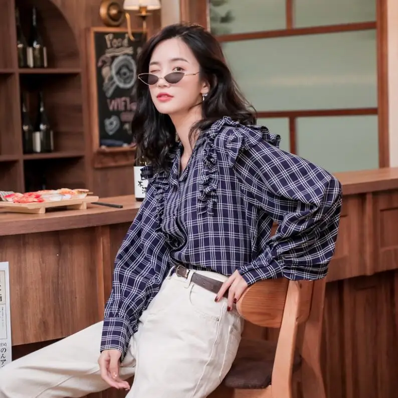 2019 Осень Зима Новая женская рубашка Ins в клетку с деревянными ушками пышными