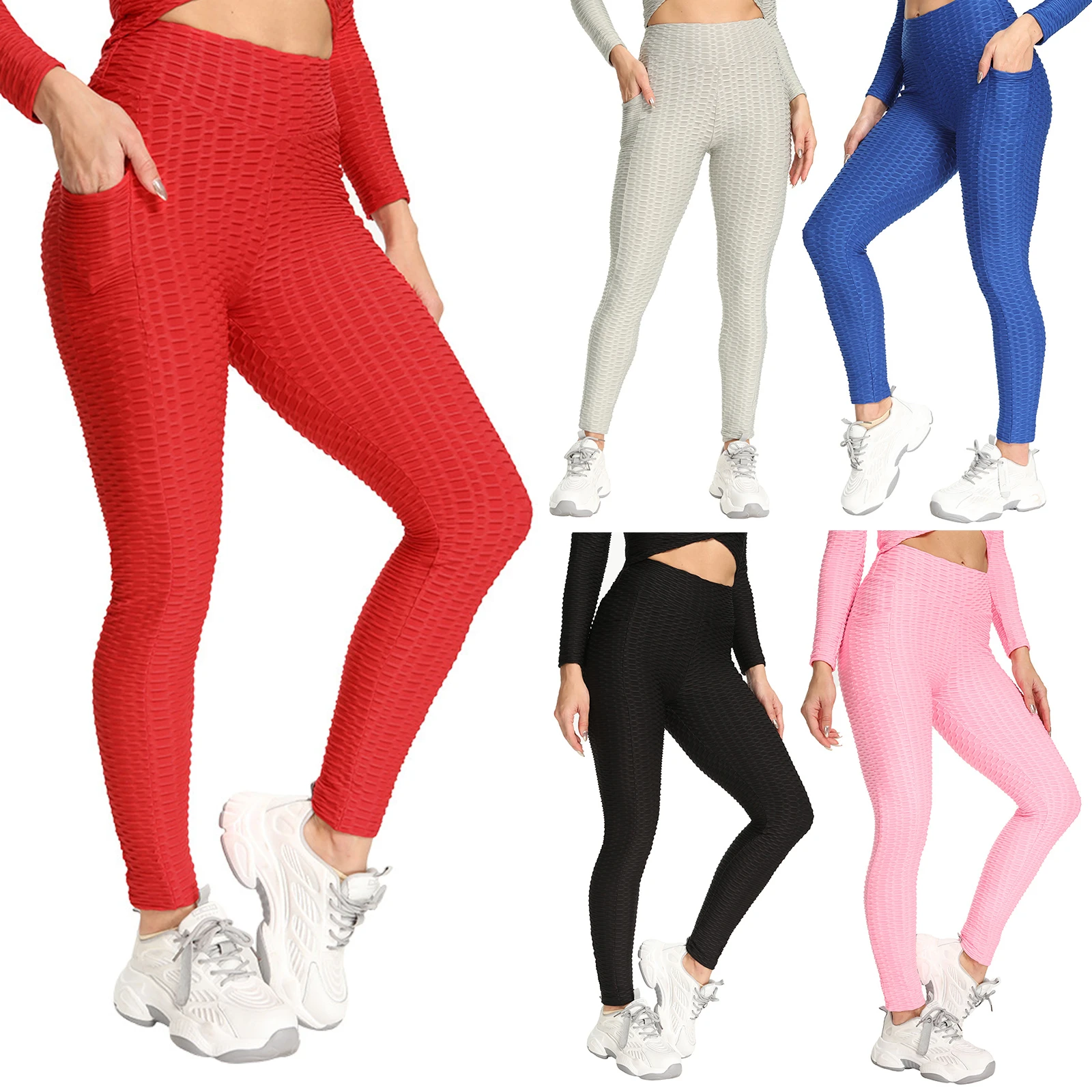 

Women Yoga Pants, Solid Color Honeycomb Stretch High Waist Butt Lifting Bubble Texture Workout Tights Leggings