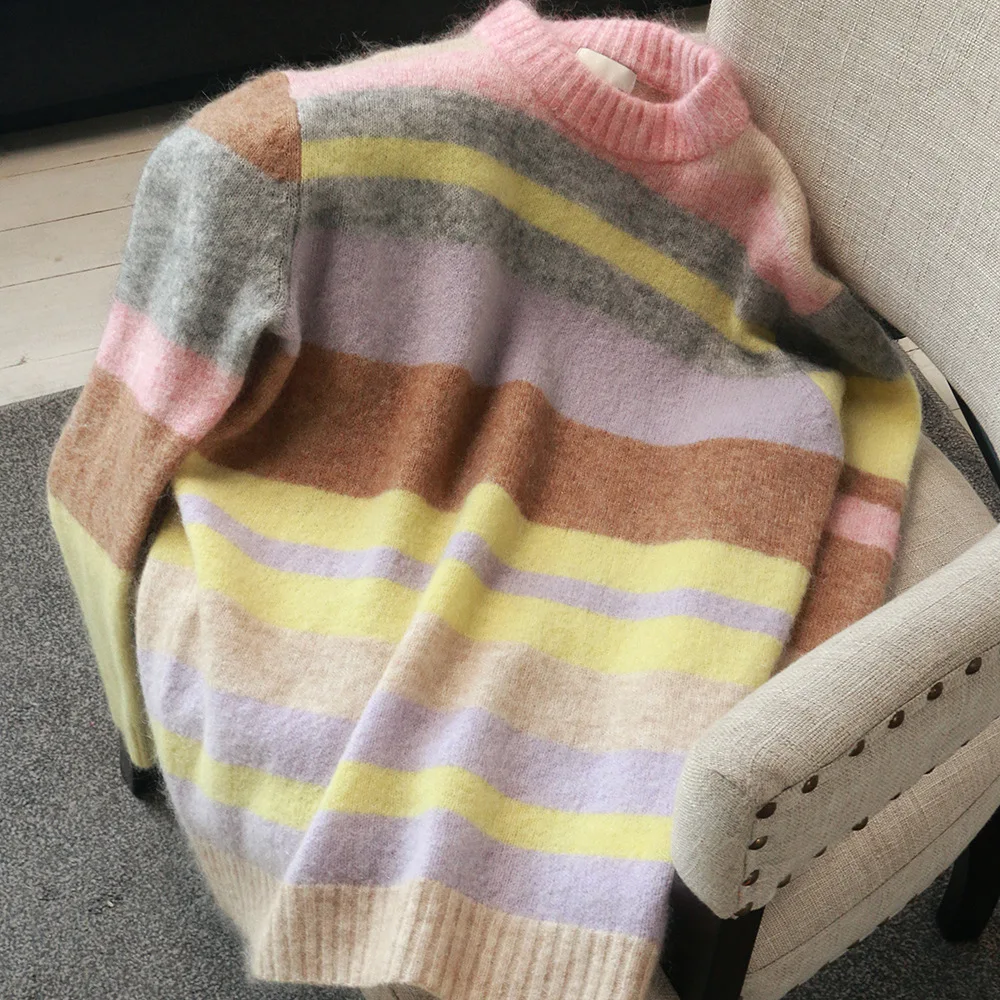 Женский мохеровый свитер CAMIA Свободный пуловер в радужную полоску с круглым