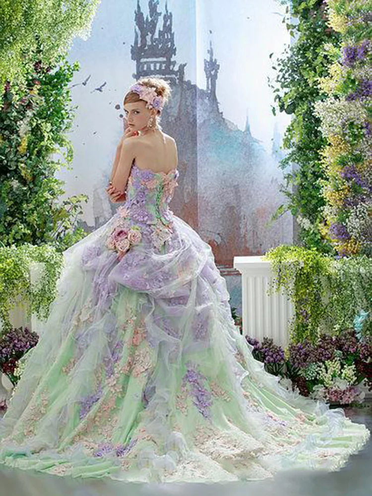 Colorful Flower Ball Gown Wedding Dresses Lace Applique Tulle Covered Lace Up Back Bridal Gowns Strapless Custom Made Wedding Dr