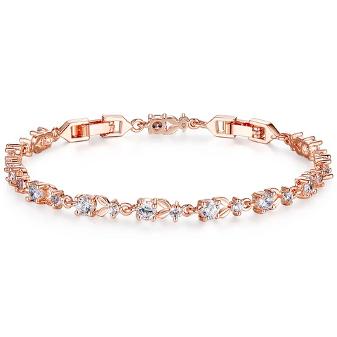 Bamoer Luxury Rose Gold Color Chain Link Bracelet para mulheres que brilham em jóias de cristal de zircão cúbico AAA JIB013