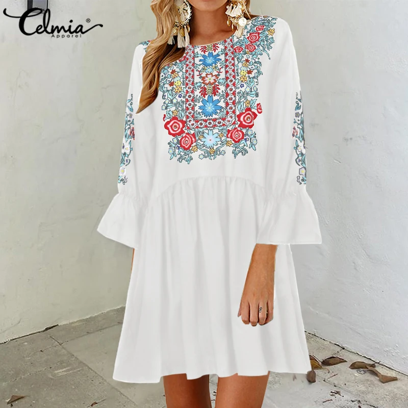 Женское мини-платье с рукавами-фонариками S-5XL Celmia 2021 летние пляжные вечерние платья повседневного стиля с роскошным богемным цветочным принтом и складками Robe Femme.