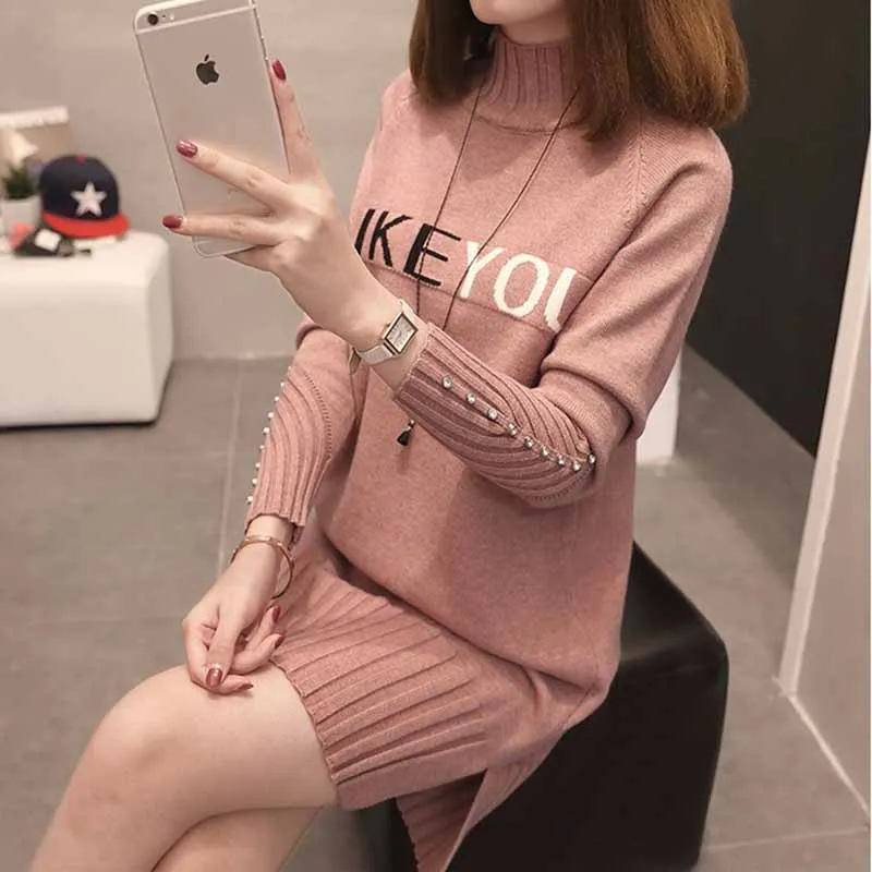 

Women Autumn Winter Long Knit Sweater Pullover Women Half Turtleneck Long-sleeve Bead Loose Plus Size Thicken Jumper Sweaters