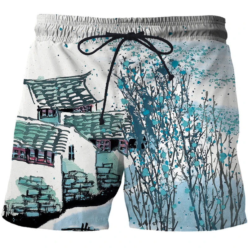 Fashion sports 3D Chinese brush painting printing men's beach pants summer men's sea surf pants  casual shorts men/women