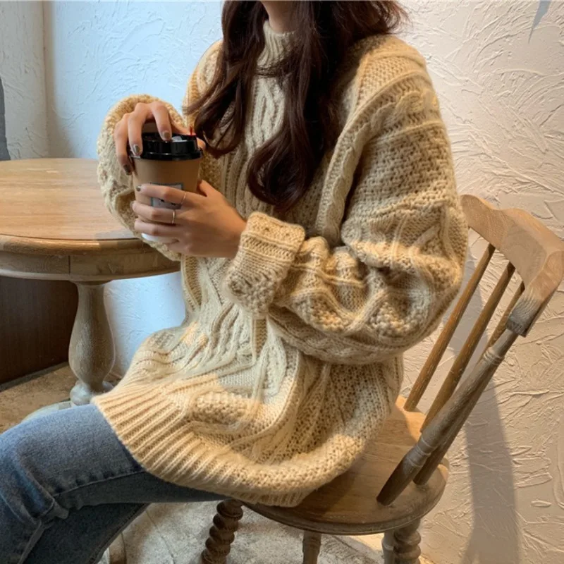 

PEONFLY Female Korean Harajuku Loose Solid Color Sweater Women Knitted Pullovers And Sweater Casual Loose Jumper Green Red