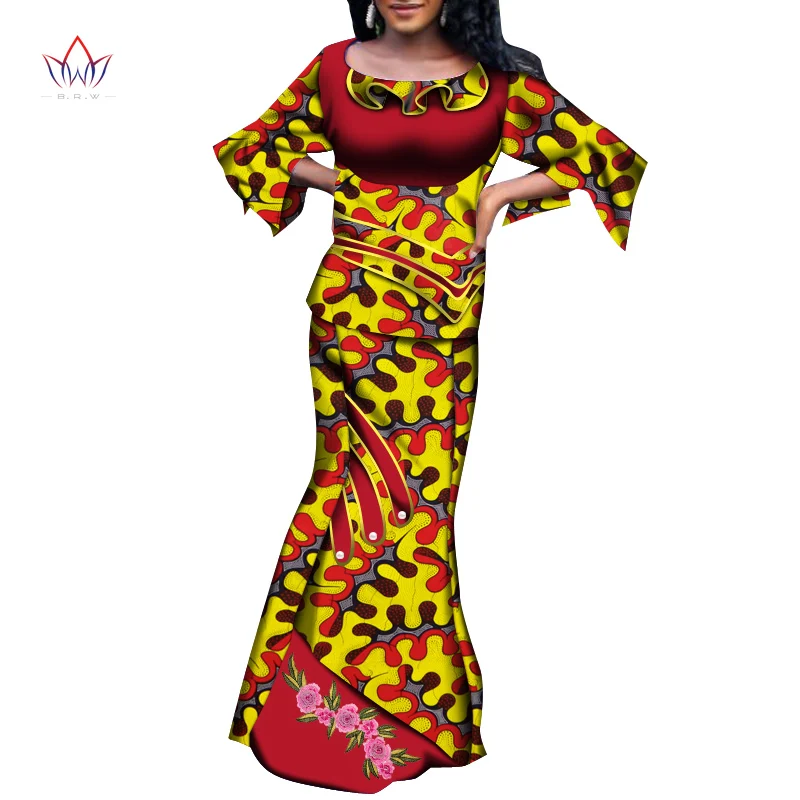 

2 Piece Women Set Dashiki African Short Sleeve Two Piece Set Crop Top Suit long Skirt Print V-neck Outfit Africa Clothing WY6677
