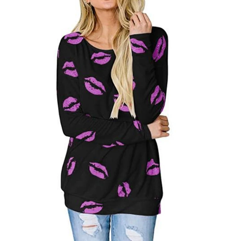 Женщин сезона весна осень Губ печатных футболка для девочек Осенняя с длинными