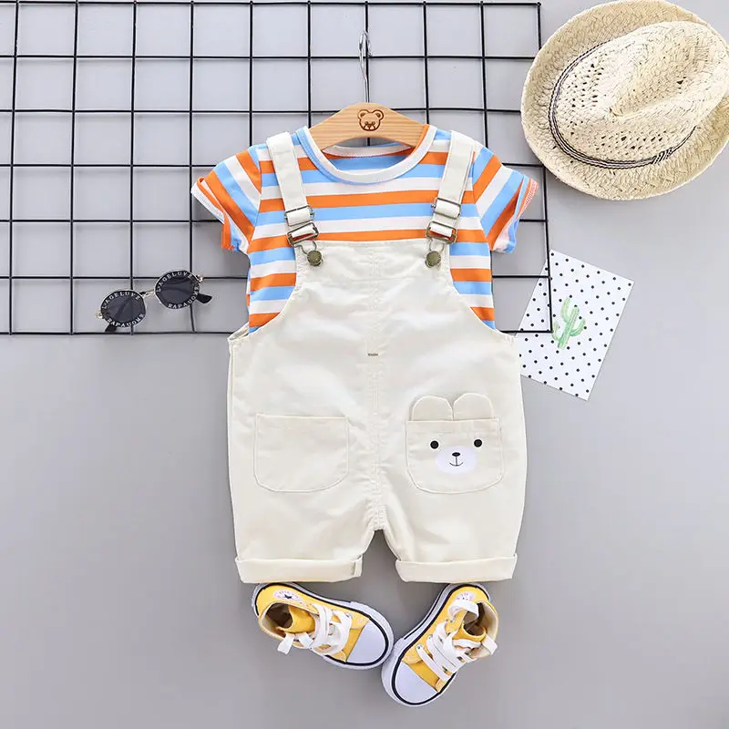 Summer Children Cotton Baby Boy Girl Clothes Cartoon Stripe T Shirts Bib Shorts 2Pcs/sets Infant Kids Fashion Toddler Tracksuits | Детская