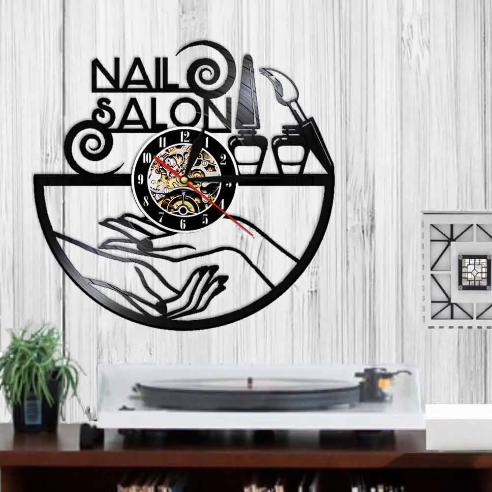 Nail Salon Vinyl Record Wall Clock Beauty Salon Decor Wall Watch Wall Hanging Polish Laser Cut Clock Gift For Girls Manicurist