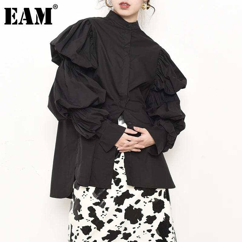 

[EAM] Women Black Brief Big Size Blouse New Stand Collar Long Puff Sleeve Loose Fit Shirt Fashion Tide Spring Autumn 2022 1K3660