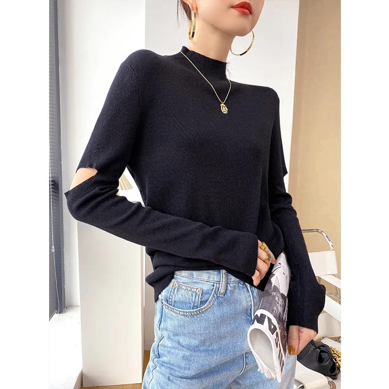 

TVVOVVIN Turtleneck Long Sleeve Hollow Tops Winter New Solid Color All-match Loose Knitted Pullover Women Wear F138