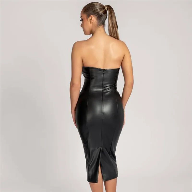 

ISAROSE Leather Strapless Dress Women PU Fashion Bodycon Back Slit Solid Color Slim Midi Party Dress Office Lady Bottom Dresses