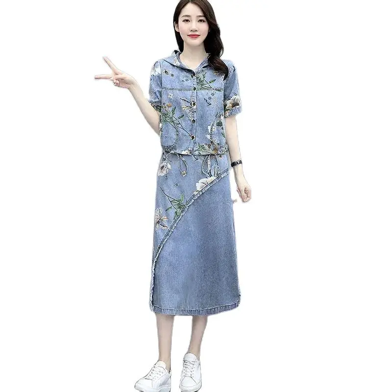 

Skirts Womens 2021 Summer New Fashion Plus Size Printed Hooded Shirt Tencel Denim Skirt Two Piece Set Female Long Skirt Suit 479