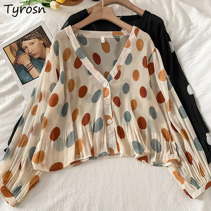 

Blouse Women V-neck Lantern Sleeve Elegant Temperament Polka Dots Tender All-match Loose Leisure Chiffon Vintage Ruffles Shirts