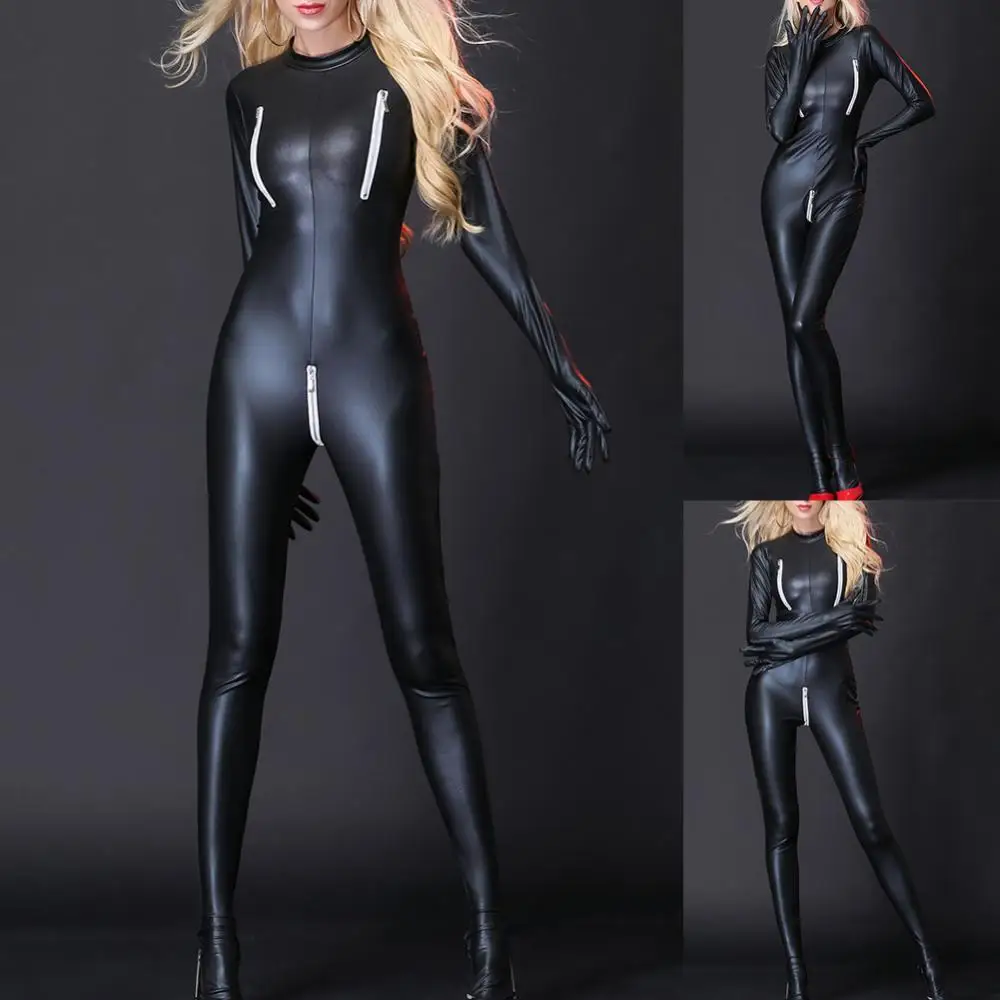 

Соблазнительный женский костюм кошки, мокрый внешний вид, боди из искусственной кожи на молнии с открытым ушком, Клубная одежда, сексуальна...