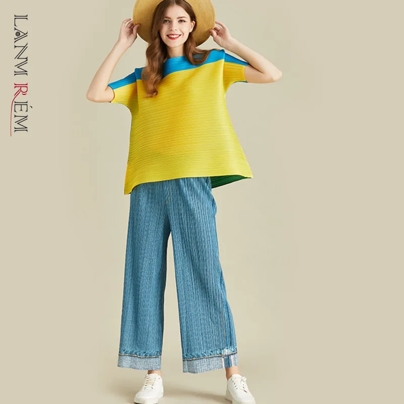 LANMREM 2020 новая плиссированная винтажная рубашка контрастных цветов с круглым