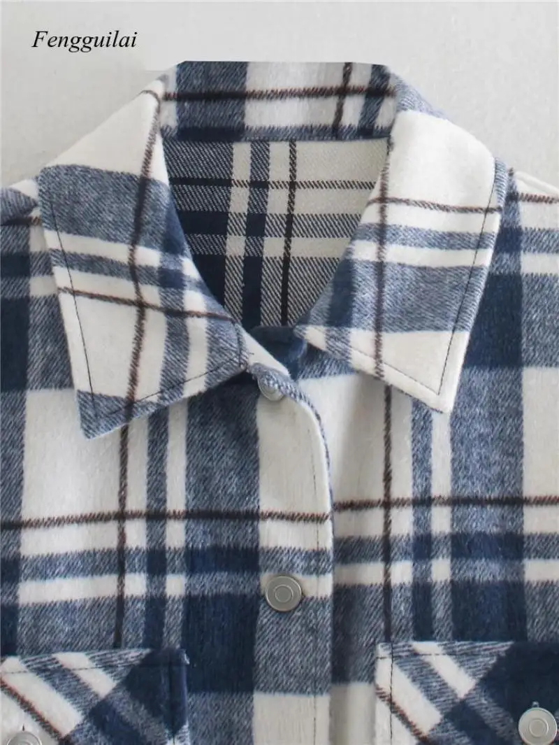 

Fashion Contrast Plaid Shirt Woolen Jacket Autumn and Winter New Women's Casual Simple Short Lapel Top