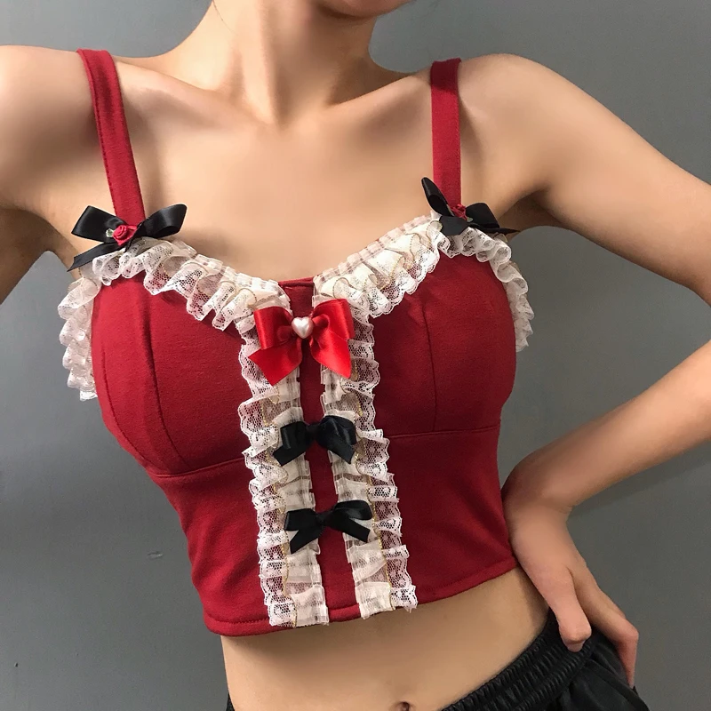 

French Retro Style Wine Red Sexy Camisole Women Lace Stitching Bowknot Slim Short Tops with Chest Pads Fashion Tank Top y979