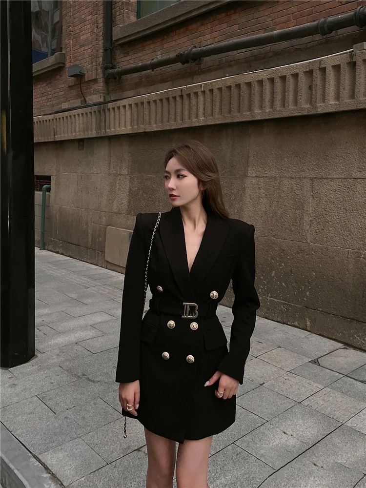 

Пальто женское Шерстяное на осень/зиму, с металлической двубортной надписью B и поясом, на молнии