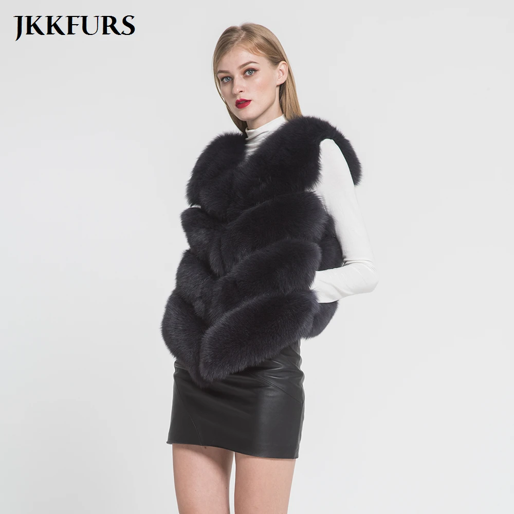 JKKFURS Модный женский 4 ряда меховой жилет настоящий мягкий толстый лисий мех жилет женский Зимний натуральный жилет S1677