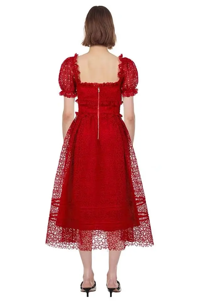 High-end Design Women Fashion Slash Neck Red Lace Long Dress 2020 Newest Summer Self-Portrait Ladies Puff Sleeve Runway Dresses | Женская