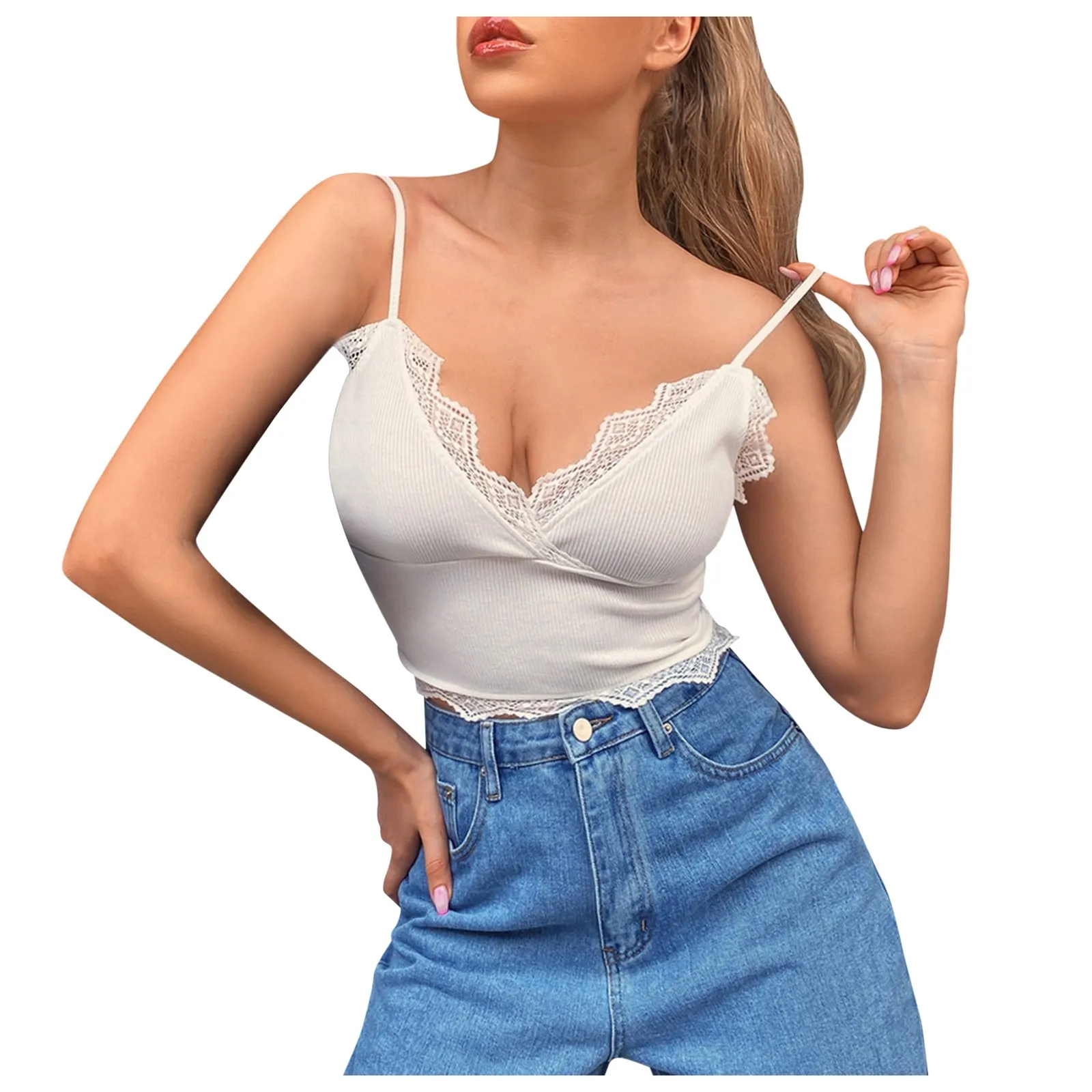 

Women's Fashion Cool New Short Sexy Solid Color Vest Camisole Top With Lace Trim Crop Top Women Camis Halter Top Women Camisole