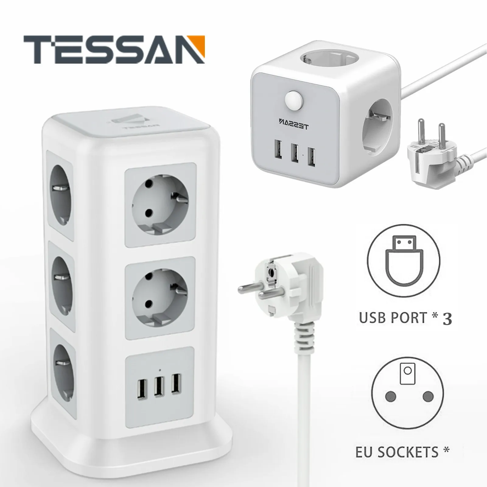 

TESSAN EU Plug Outlet Power Strip Tower 11 EU Outlet 3 USB Ports 2M Extension Cord with Switch Overload Protector USB Outlet off