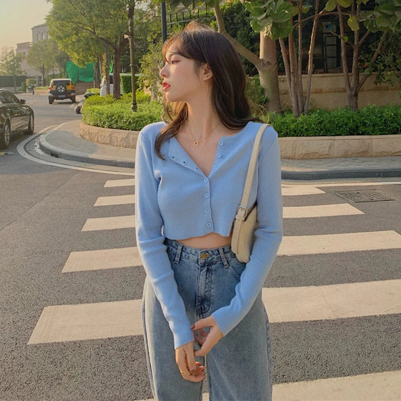 

Новинка весны 2021, женская одежда, Синий Облегающий короткий кардиган с завышенной талией, пальто, шикарная элегантная тонкая трикотажная ру...