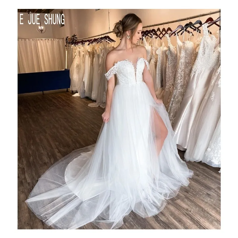 

Белое свадебное платье Бохо E JUE SHUNG с открытыми плечами, пикантные пляжные платья невесты с высоким разрезом и аппликацией, свадебные платья со шнуровкой сзади