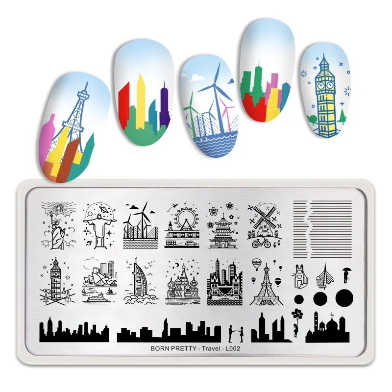 BP-T-L002 BORN PRETTY прямоугольные пластины для штамповки ногтей строительный штамп шаблон из нержавеющей стали дизайн ногтей изображение трафарет тема путешествия - Цвет: BP-T-L002