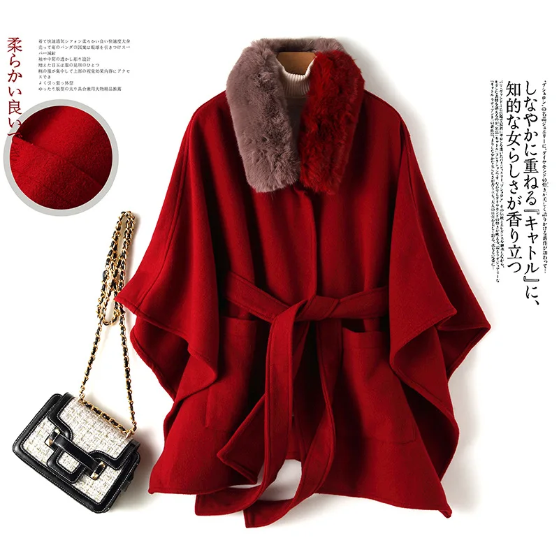 Женская кашемировая накидка свободная шерстяная с воротником из искусственного