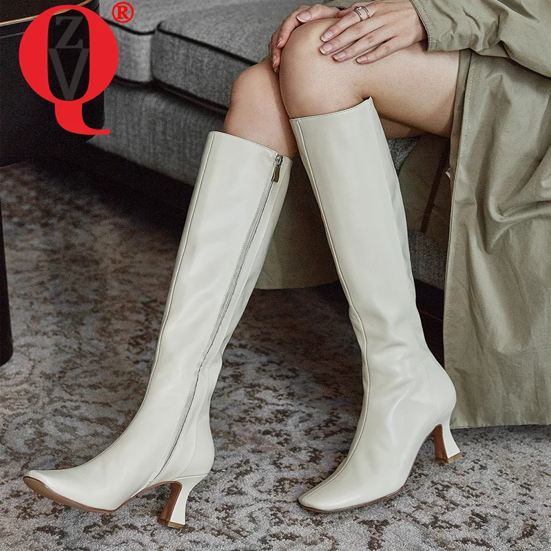 Женские сапоги до колена ZVQ зимние из натуральной кожи с квадратным носком 3 цвета